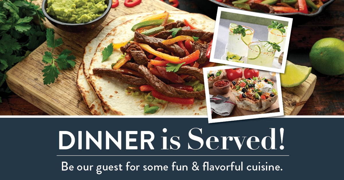 margarita glasses with lime, taco bowl and steak with tortilla